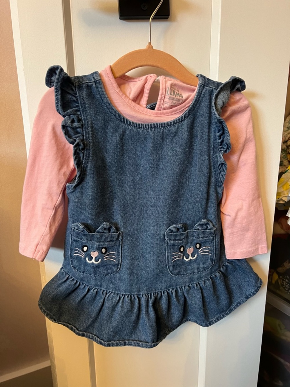 Denim Ruffle Kitty Pinafore with Pink Long Sleeve Top